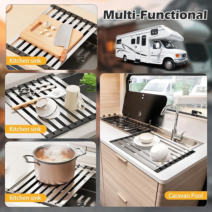 15.7"*12.8" Foldable Dish Drying Rack Thickened & Widened Over Sink Dish Drying Rack High-Temperature Resistant Removable Sink Storage Rack 304 Stainless Steel Drainer for Kitchen and Rv sink