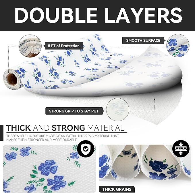 RAY STAR Shelf Liner, Non Adhesive Blue Floral Kitchen Cabinet Liner for Pantry Drawer Vanity, Strong Grip Non Slip, Shelf Liners for Cupboard 18 Inch x 8 FT (9 Rolls) Signature Delivery