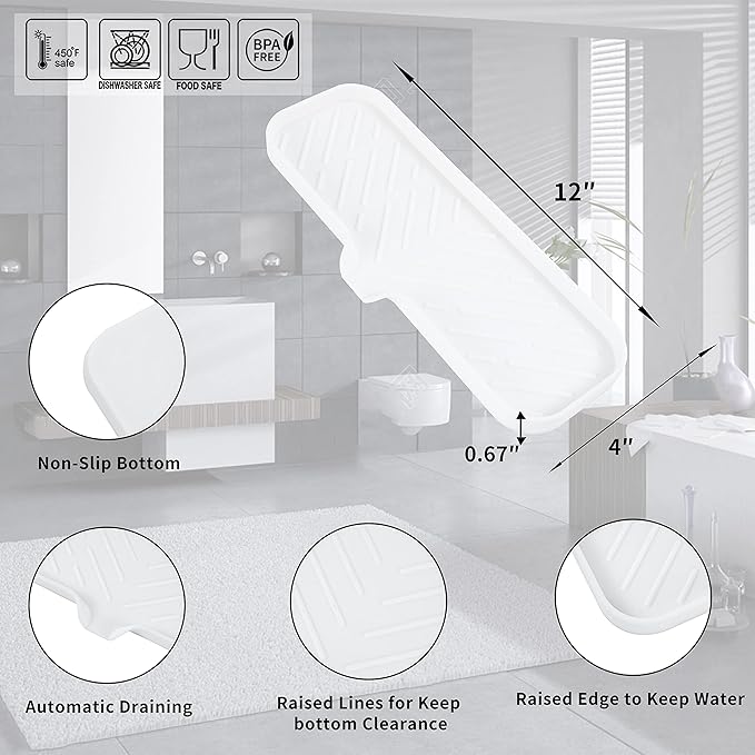 Silicone Bathroom Soap Dishes with Drain Spout-Bathroom and Kitchen Sink Organizer,Sponge Holder,Dish Soap Tray,Perfect for Dispenser,Scrubber,Bottle,Cup on Sink or Counter-White 12"×4"