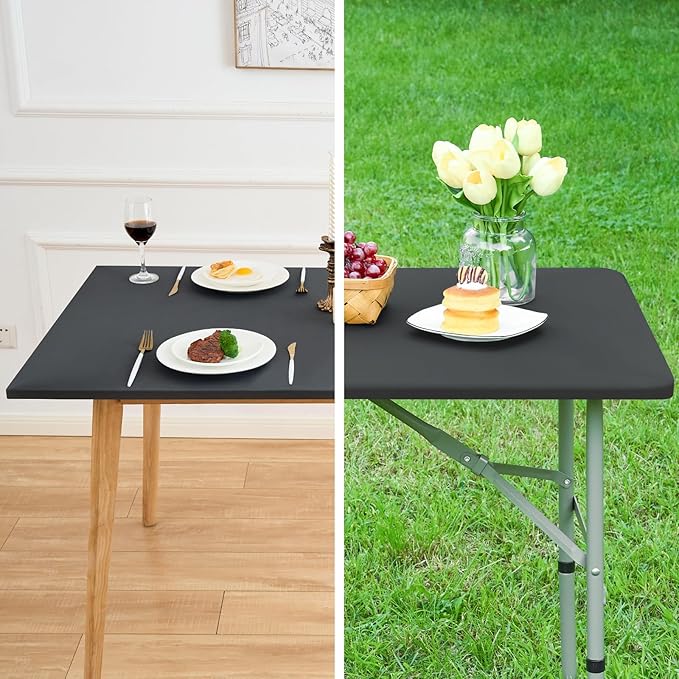 Fitted Rectangle Tablecloth 24 x 48 Inch Elastic Table Cloth for 4ft Table, Stretch Spandex Table Cover Grey Washable Polyester Table Top Cap Cover for Dining Picnic Camping Indoor and Outdoor
