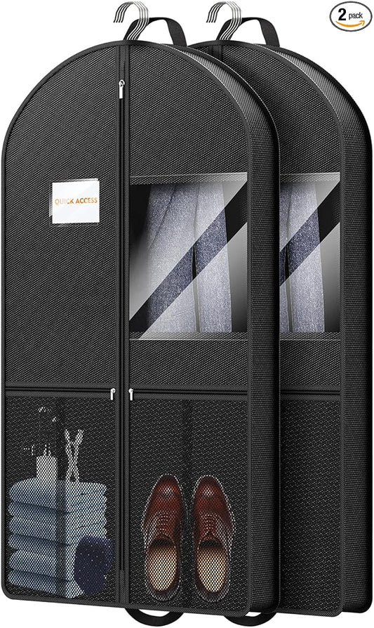 Garment Bag Travel Hanging Clothes: 43 Inch 2 Packs Fabric Breathable Foldable Zippered Pockets - Closet Storage Cover Packable - Men's Suit Shirts Uniform Jacket Jersey Tuxedo