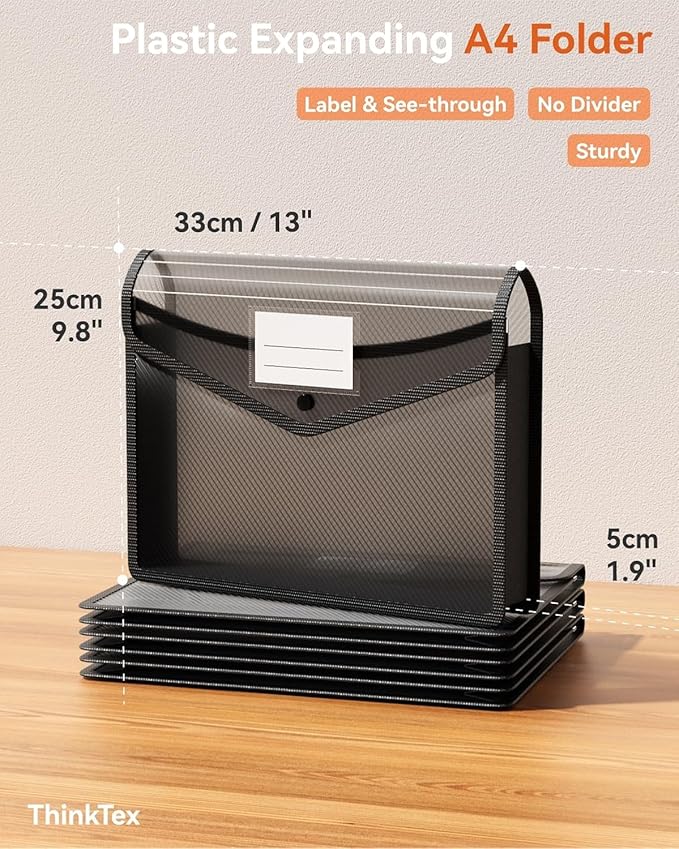 ThinkTex Plastic Expanding File Folder, Transparent envelopes with Snap Closure,No Dividers,Large Capacity,Document Organizer for Receipts, Bills&Taxes,Letter/A4 Size for School/Office/Home-10 Pack
