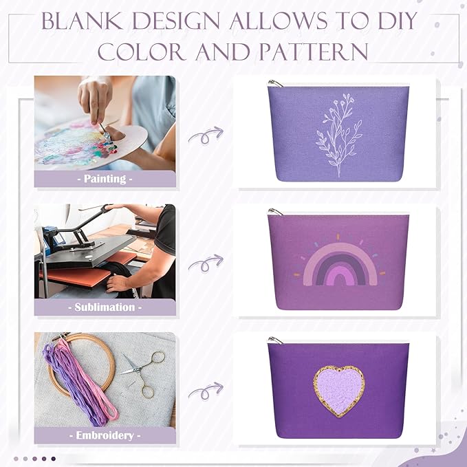 Reginary 10 Pcs Valentines Canvas Makeup Bags Bulk for Women Travel Toiletry Cosmetics Bags Blank DIY Pencil Pouch, Gift for Valentines Patrick's Day Wedding Bridal Shower Coworker(Purple)
