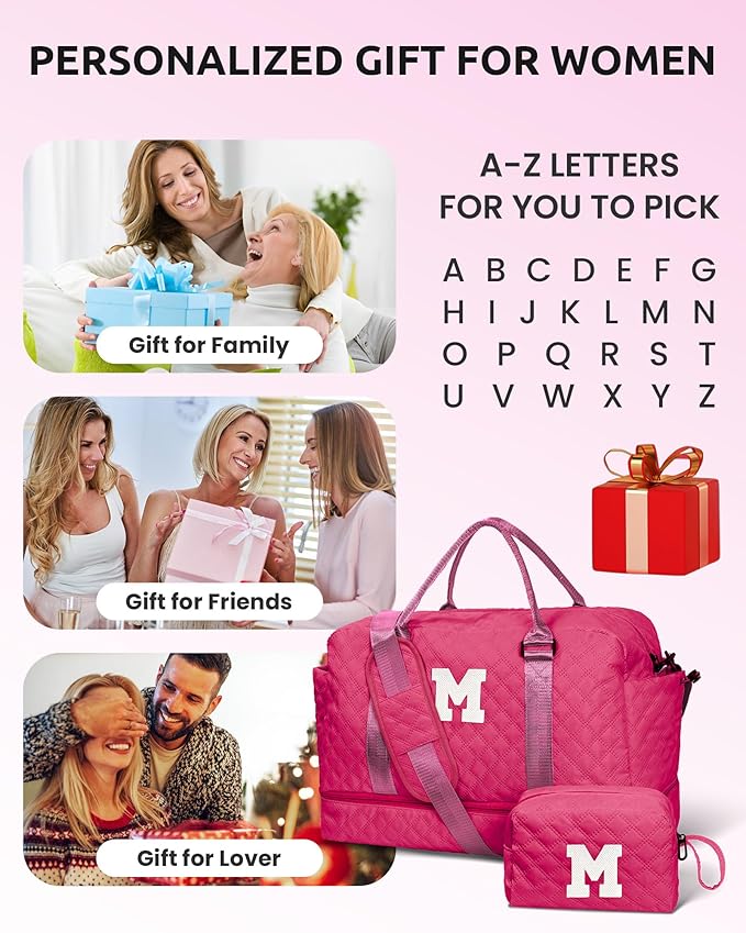 Gifts for Teen Girls 16-18, Birthday Gift-Initial Travel Bag with Shoe Compartment, Personalized Weekender Bag, Monogram Overnight Bag for Women, Letter Travel Bag with Makeup Bag (Letter N)