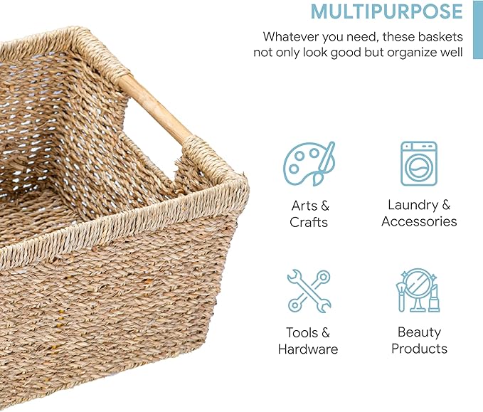 Large Wicker Basket Rectangular with Wooden Handles for Shelves, Seagrass Basket Storage, Natural Baskets for Organizing, Wicker Baskets for Storage - 3 Pack Large