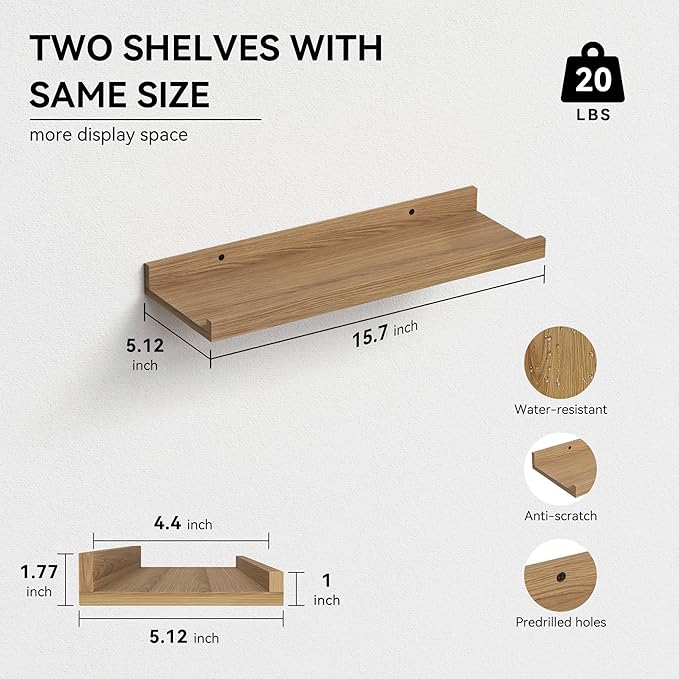 Floating Shelves Set of 2, Modern Wall Shelves with Lip, Display Picture Ledge for Bedroom, Living Room, Bathroom, Kitchen - Oak