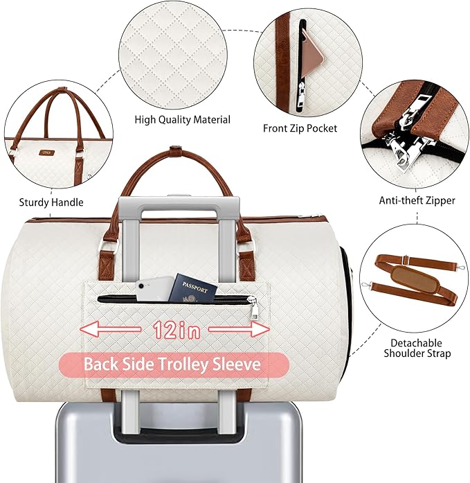 Convertible Garment Duffle Bags for Travel - Carry On Garment Bags With Toiletry Bag, Large Weekender Bags for Women Men 2 in 1 Hanging Suitcase Suit Travel Duffel Bags (White)