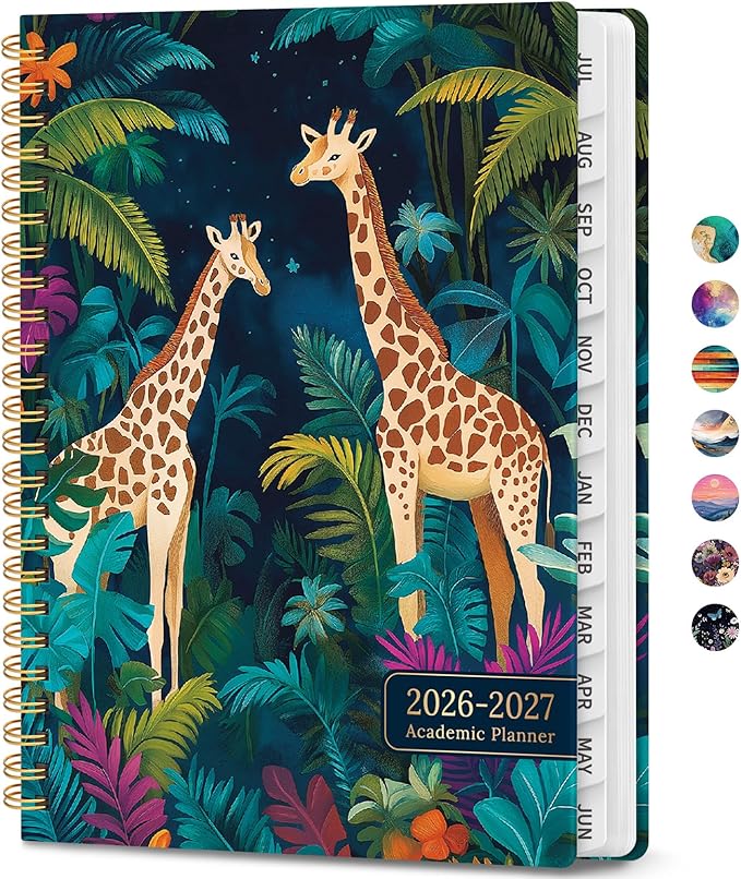 Academic Planner 2026-2027, Weekly and Monthly Calendar Book, July 2026 – June 2027, Hardcover Planner with Tabs, Perfect for Teachers, Students, Women & Men, A4 (8.5" x 11") - Giraffes
