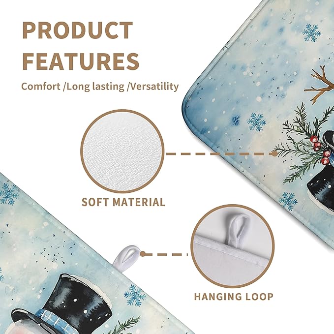 Snowman Super Absorbent Dish Drying Mat, 18x24 Inch, Winter Blue Snowflake Dish Drainer Rack, Large, Microfiber Dry Mat, Christmas Kitchen Accessory