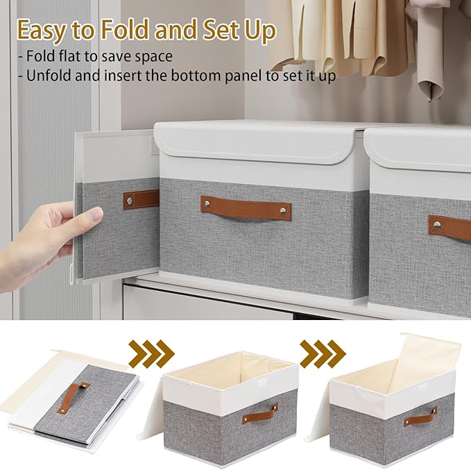 Yawinhe Storage Boxes with Lids, Linen Fabric Bin, Cube Organizer Basket, Washable and Leather Handle, for Home, Closet, White/Grey, 15.0''Lx9.8''Wx9.8''H, 3-Pack, USNK024WGL-3