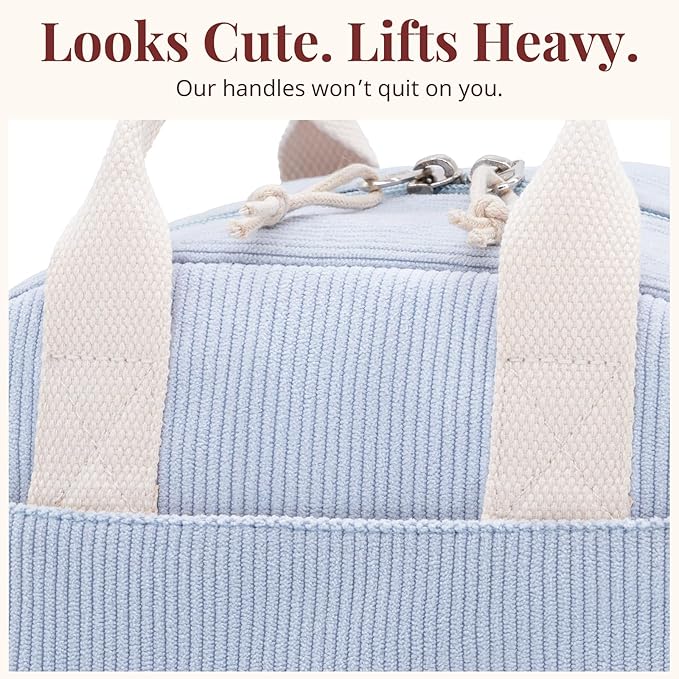 LOVELYWIND Insulated Cloud Blue Lunch Bag for Women, Stylish Corduroy Tote with Aluminum Lining, Large Capacity Reusable Cooler for Work, Travel, Beach or Picnic, Cloud Blue Water-Resistant Lunch Box