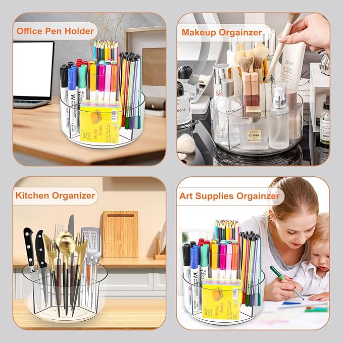 Rotating Acrylic Pen Holder for Desk, 360 Degree Spinning Pencil Holder Pen Organizer, 5 Compartments Kids Marker Holder Crayon Caddy Art Supply Storage Box Desk Organizer for Office Home School
