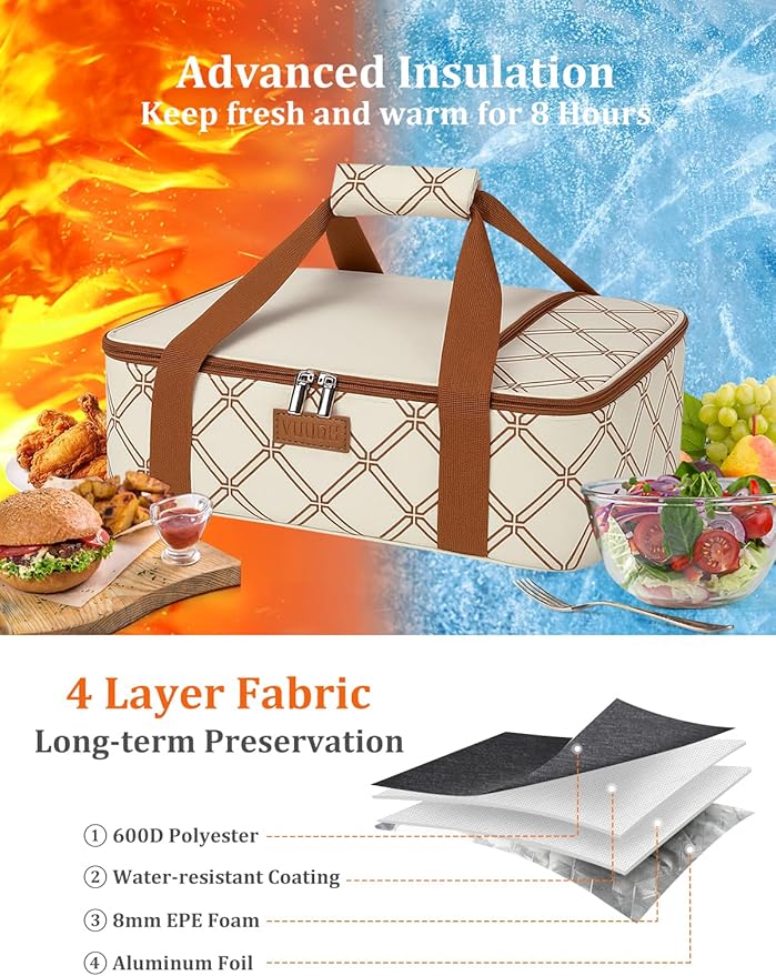 Vuudh Casserole Carrier Bag, Single Insulated Food Bag, Hot Cold Lasagna Holder Tote for Picnic, Potluck or Travel, Lightweight Picnic Bag