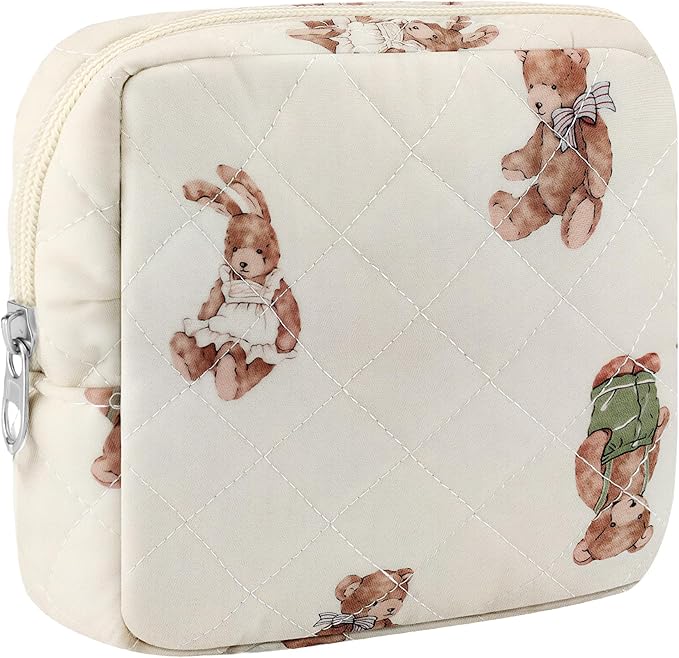 Small Quilted Cotton Makeup Bag for Purse Mini Cosmetic Period Bag for Women Cute Small Bear Makeup Sanitary Pouch Portable Travel Toiletry Bags with Zipper Christmas Birthday Gifts