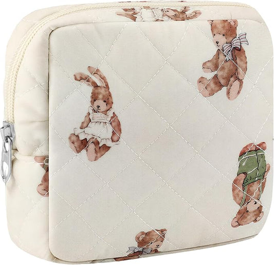 Small Quilted Cotton Makeup Bag for Purse Mini Cosmetic Period Bag for Women Cute Small Bear Makeup Sanitary Pouch Portable Travel Toiletry Bags with Zipper Christmas Birthday Gifts