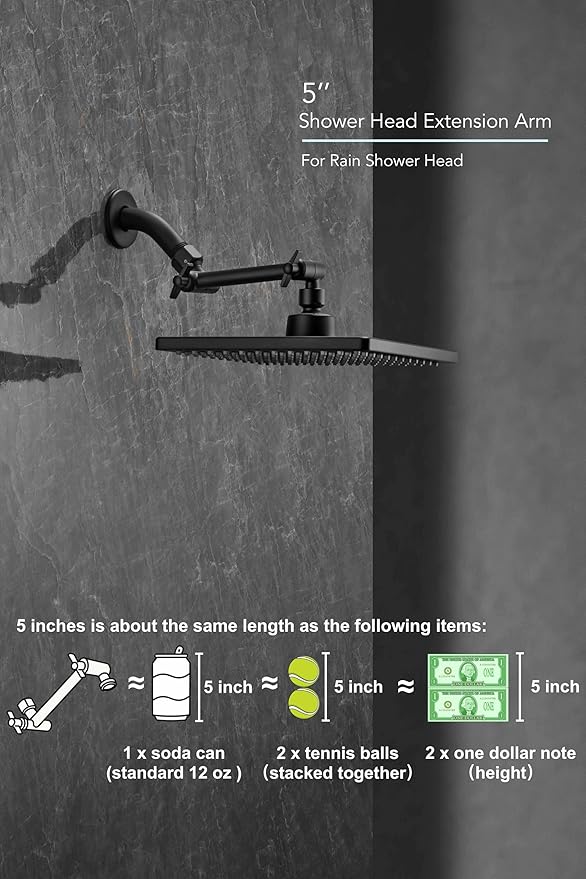 5 Inch Adjustable Shower Head Extension Arm With Locking Set Screw, Singing Rain Metal Matte Black Angle Height Adjustable, Easy To Install, G1/2 Universal Connector Compatible (Matte Black Finish)