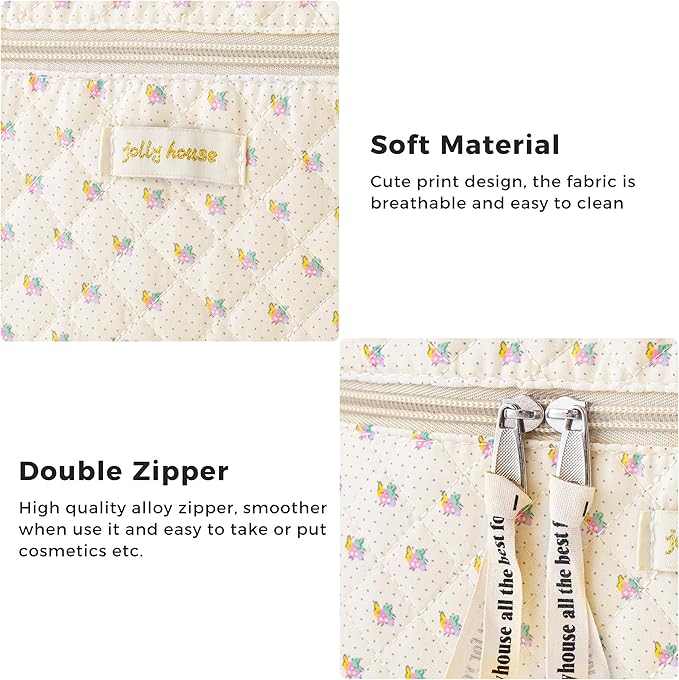 HBselect Quilted Makeup Bag, 3PCS Cotton Large Travel Makeup Bag, Cute Floral Coquette Make up Bag Cosmetic Bag Toiletry Bag for Women Girls