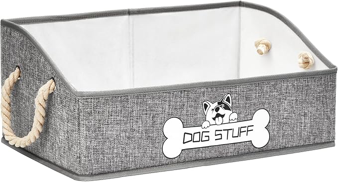 Collapsible Fabric Dog Toy Box and Storage Bin With Handle - Trapezoid Basket Chest Organizer for Pet Toys, Blankets and Accessories,Light Grey