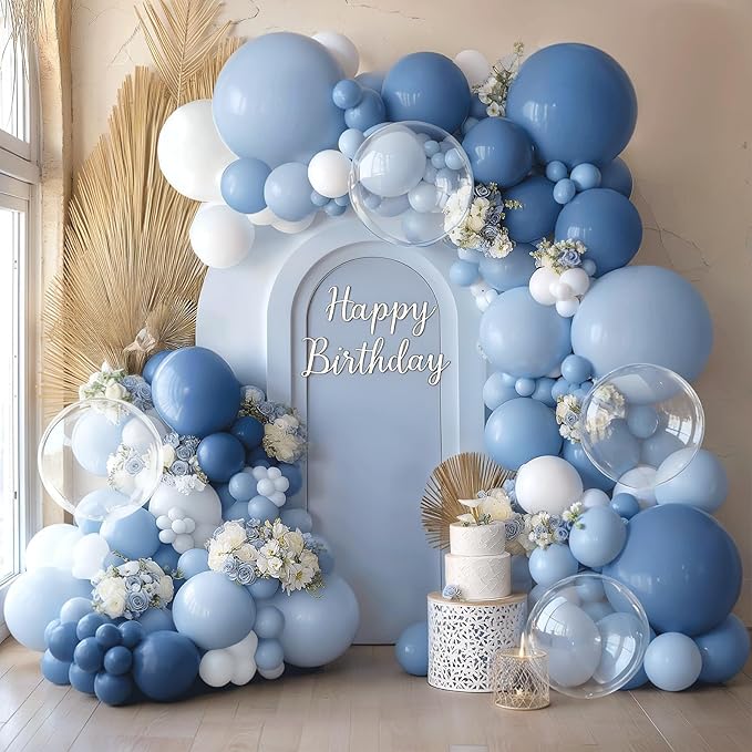 Dusty Blue Balloon Arch Kit, Pastel Blue Balloons with Dark Dusty Light Blue White Balloons Garland and Clear Balloons for Birthday Party Wedding Bridal Shower Gender Reveal Graduation Decoration