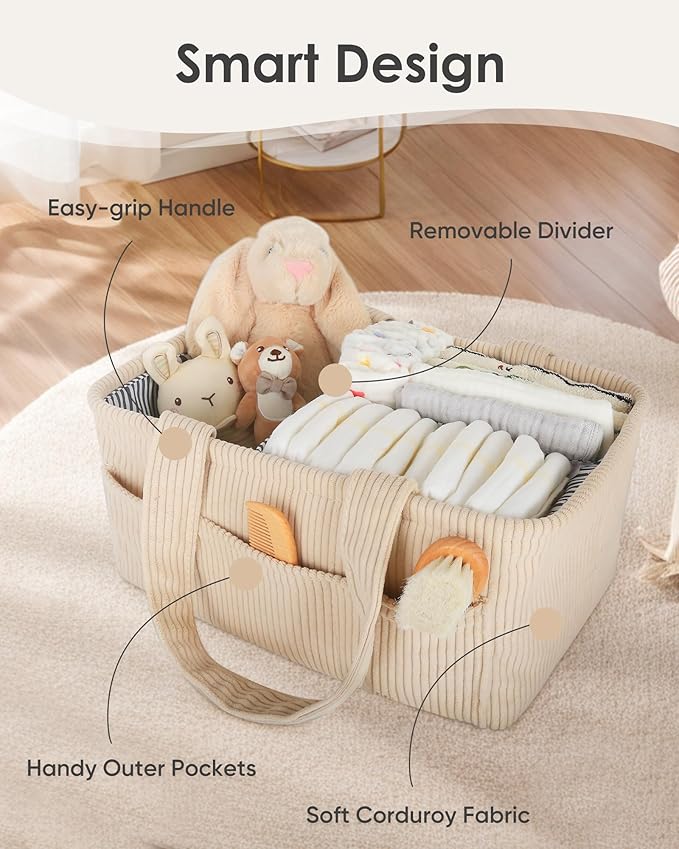 Baby Diaper Caddy Organizer – Nursery Storage Basket for Newborn Essentials, Car & Travel, Baby Shower Gifts and Registry Must-Have, Beige