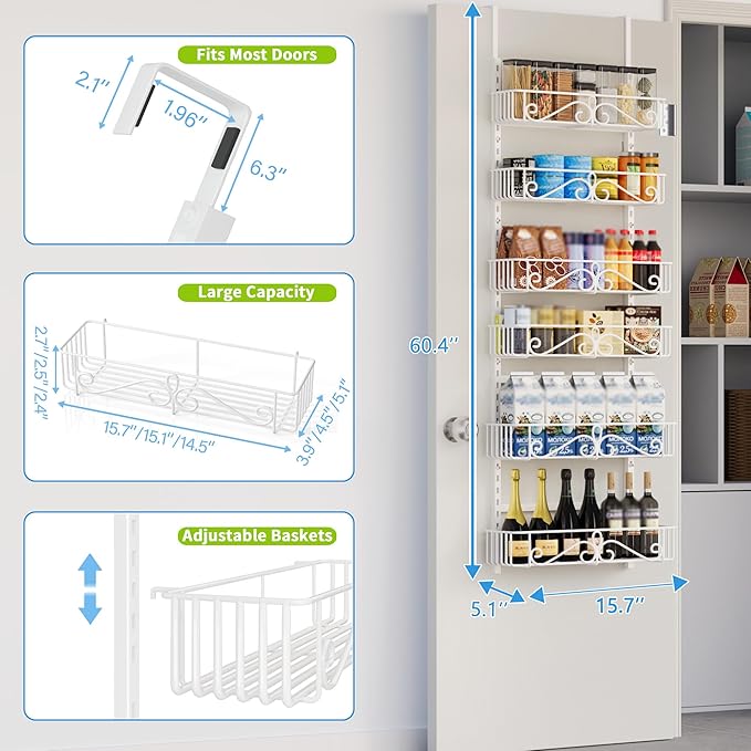 6-Tier Over the Door Pantry Organizer, Over the Pantry Organization And Storage, Pantry Door Organization, Home Laundry Room Bathroom & Kitchen Organization Essentials Metal, White