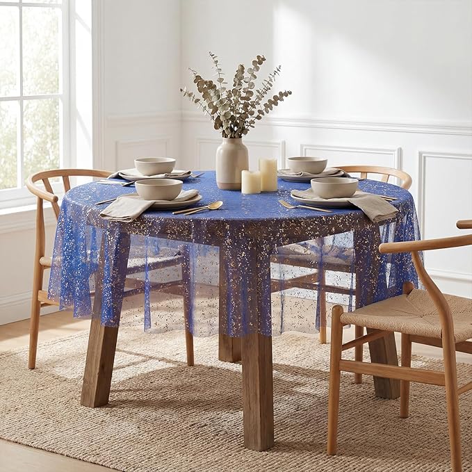 Horaldaily Royal Blue Gold Gauze Tablecloth 60x60 Inch Round, Golden Sequin Glitter Metallic Foil, Sheer Tulle Cheesecloth for Wedding Baby Shower Ceremony Birthday