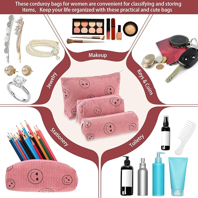 3 Pcs Makeup Bag Set for Women Corduroy Cosmetic Pouch Aesthetic Smile Travel Toiletry Bag Cute Purse Pouch Pencil Case Makeup Brushes Storage Organizer for Christmas(Pink,Smile Face)