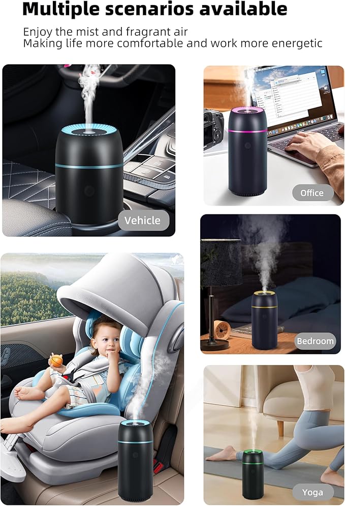 Car Diffuser for Essential Oils Portable Mini Ultrasonic Mist Humidifier 100ml USB Aromatherapy Diffuser Freshener with Colorful Lights for Small Space Home Office Bedroom (Black)