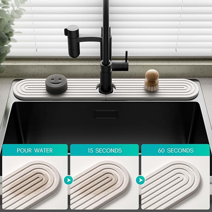Stone Faucet Mat for Kitchen Sink – Diatomite Fast-Drying Stone Tray, Faucet Mat Sink Splash Guard, Decorative Sink Protector for Kitchen Bathroom Counter (Light Grey, 23.6''x3.9'')