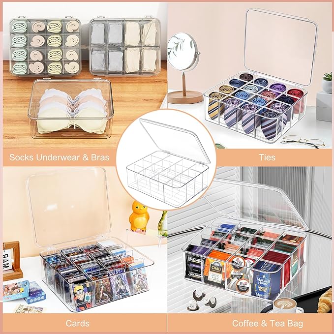 Sock Underwear Organizer, 16 Compartment Adjustable Dividers Bras Socks Underwear Drawer Organizers for Closet, Clear Plastic Storage Containers Box with Lids for Ties Bra Scarf Socks