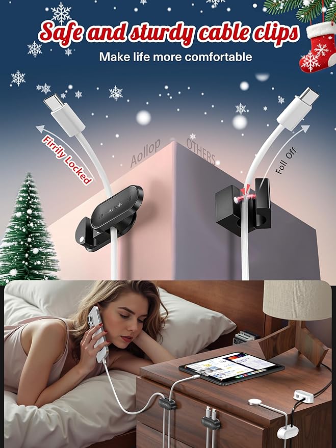 10 Hole Cord Organizer Cable Clips [1s Slide Lock] Cord Holder, Cable Management, Adhesive Phone Charging Keeper Wire Cord Holder for Nightstand/Car/Wall, Home Office/Desk Accessories-Black