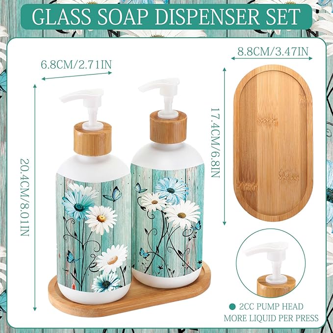 Potchen 2 Pack Glass Soap Dispenser Set Bathroom Decor Housewarming Gift Glass Soap Dispenser with Pump Wood Tray Home Decoration for Kitchen Bathroom (Teal Daisy)