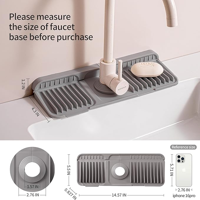 14.57" Silicone Sink Splash Guard - Essential Kitchen Sink Accessory with Drip Tray, Sponge Holder & Soap Dish, 6°Slope for Easy Drainage, Foldable & Fasten Button for Perfect Fit（Grey）