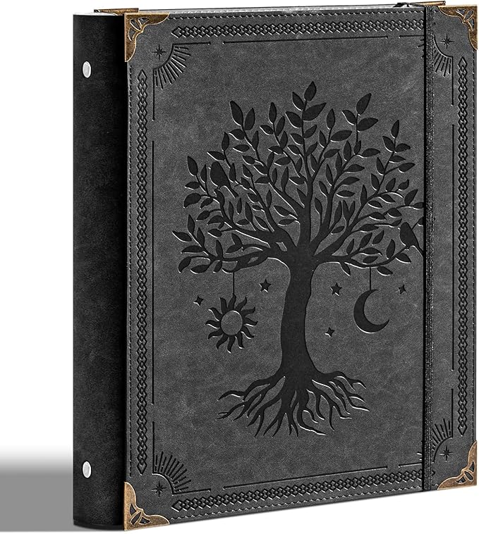 Ovesmusl PU Leather 3 Ring Binder 1 Inch Round Ring Binder Holds 200 Sheets 8.5"x11" Letter Size Paper, Wedding Family History Notebook Cover Loose Leaf Organizer, Black Tree