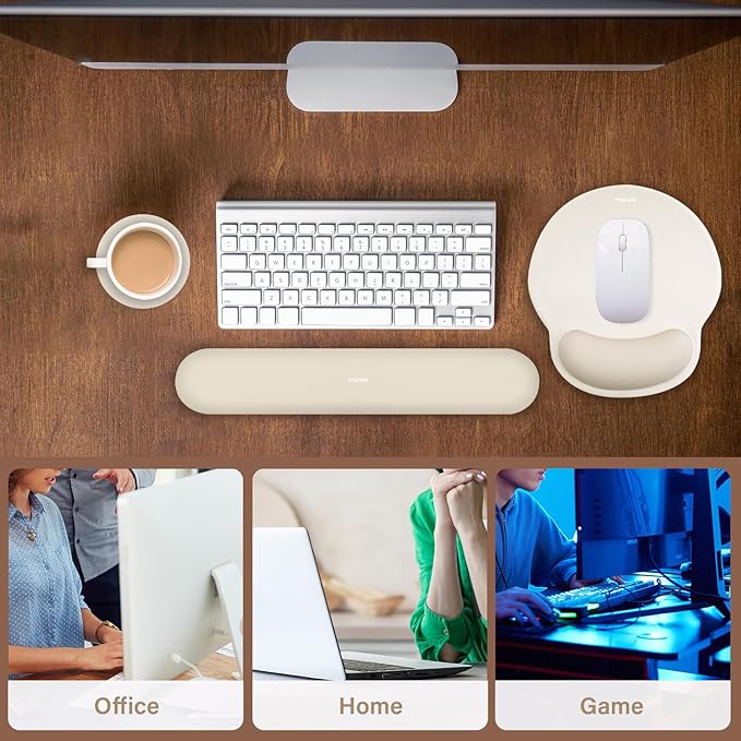 MOSISO Wrist Rest Support for Mouse Pad & Keyboard Set, Circle Curved Ergonomic Mousepad & Coaster with Non-Slip Base for Home/Office, Pain Relief & Easy Typing Pad with Soft Cloth & Silicone Lining, Khaki