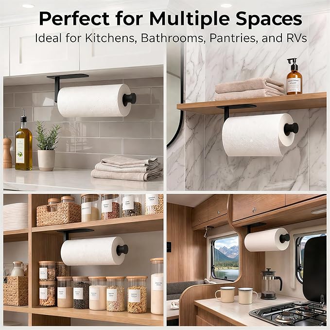 Paper Towel Holder Under Cabinet, Self Adhesive or Screw Mount, Fits Most Standard US Paper Towel Rolls, SUS304 Stainless Steel, Black