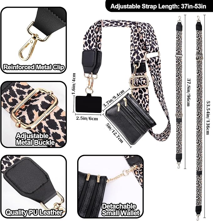 XANGNIER Clip and Go Strap for Phone with Wallet Crossbody, Phone Strap with Zippered Wallet, Adjustable Anti-Theft Cellphone Lanyard for Women, Cellphone Chain Accessories, Leopard