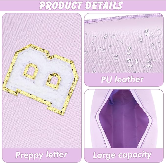 Gifts for Girls Initial Makeup Bag Personalized Cosmetic Bag with Zipper Cute Travel Toiletry Bag Waterproof PU Preppy Makeup Pouch Birthday Gift for Teen Girls Women(Purple B)