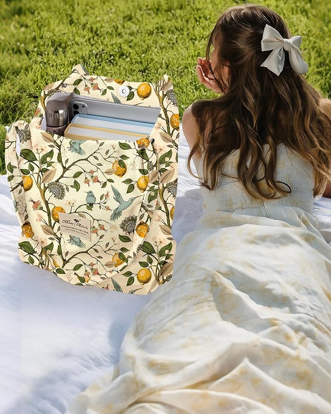 Miss Adola Corduroy Tote Bag for Women - Reusable Totes with Pocket & Buckle Cute Aesthetic Shoulder Bag for Work Travel