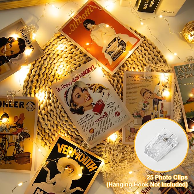 17FT 100LEDs Rechargeable Photo Clips String Light,Remote Control,3 Off Timer,Tangle-Free,Detachable Battery Operated Fairy Lights,Dorm Room Essential for Girl,Christmas(Cool+Warm White,1Pack)