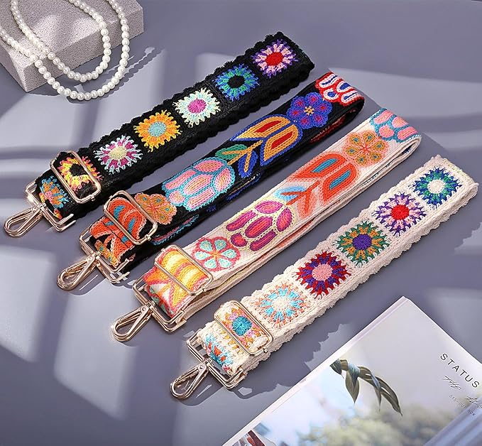 Wide Purse straps Crochet Flower replacement crossbody for Handbag Adjustable Embroidery Knit Guitar Shoulder strap