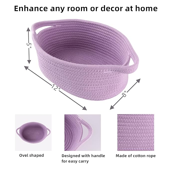 Cute Oval Cotton Rope Wicker Storage Basket with Handle - Empty Baby Nursery Box Bin Organizer for Kids, Cats, Dogs & Easter - Light Purple Lavender