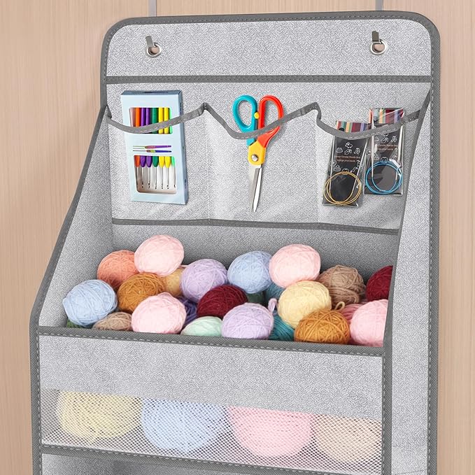 Univivi 6-Shelf Over Door Hanging Organizer Fabric Baby Door Storage with 5 Large Pockets and 3 Small PVC Pockets Wall Mount Hanging Storage Organizers for Baby Essential (Grey Pattern)