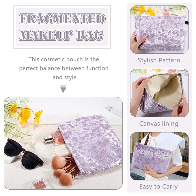 ZLFSRQ Daisy Flower Makeup Bag Travel Cute Floral Cosmetic Bags for Women Large Toiletry Pouch Zipper Cosmetic Pouch for Purse Aesthetic Embroidery Purple Makeup Organizer Bag Portable Toiletry Bags