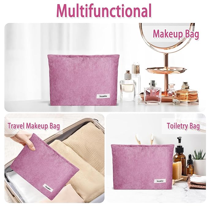 ZLFSQR Corduroy Makeup Bag for Women Small Corduroy Cosmetic Bag Large Cute Travel Makeup Pouch for Purse Flesh Pink Cloth Cosmetic Pouch Zipper Storage Organizer Canvas Toiletry Bags