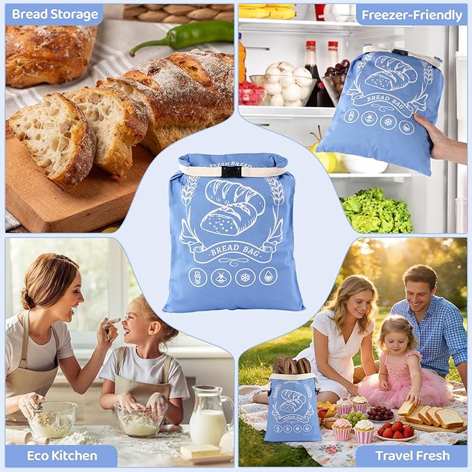 2 Pack Beeswax Bread Bags with Zipper, XL(13x17in) Sourdough Bread Storage for Homemade, Freezer Storage Bag to Keep Fresh, Cotton Beeswax Container, Baguette Bag with Liner, Kitchen Baking (Blue)