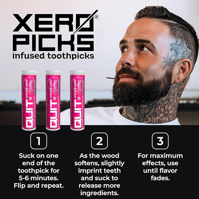 Xero Picks Quit Infused Flavored Toothpicks to Help Quit Smoking (Pack of 3), Bubble Gum) Non-GMO Kosher Vegan