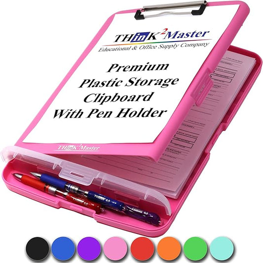 Think2Master Pink Plastic Storage Clipboard with Pencil Holder. | 25% Heavier & 25% Sturdier| Heavy Duty. Must Have for Nurses, Teachers & Classrooms.