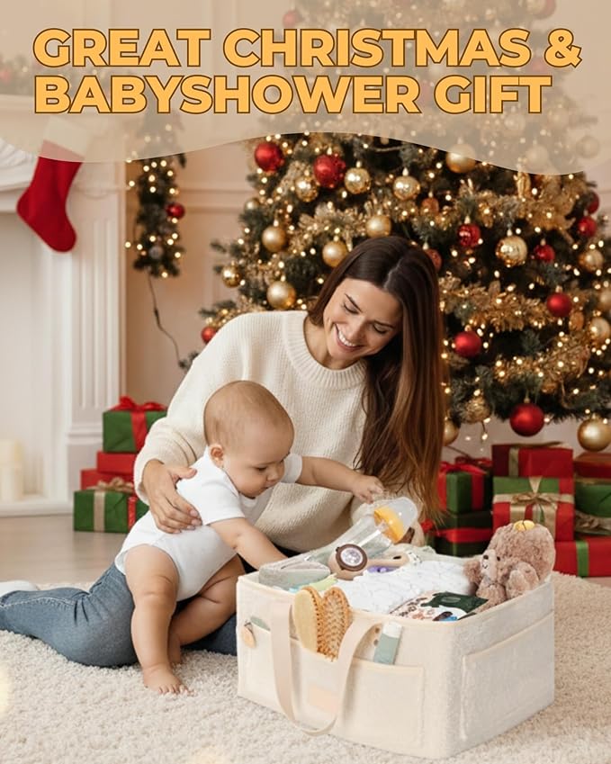 Baby Diaper Caddy Organizer with Portable Changing Mat - Teddy Fleece Diaper Organizer for Changing Table - Basket for Changing Essentials - Baby Essentials Organizer with Removable Dividers