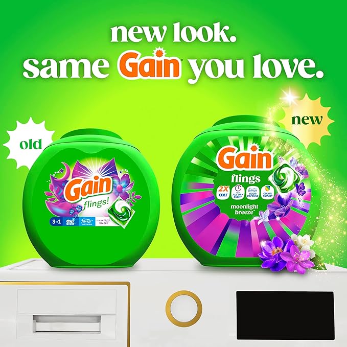 Gain Flings Liquid Washing Detergent Pacs with Odor Defense + Color Guard, Moonlight Breeze Scent, 4-In-1 Liquid Laundry Detergent Pods, Clean & Fresh, 60 Count (Packaging May Vary)